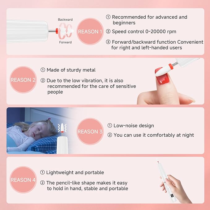 Electric Nail Filer, Professional Nail Drill Kit, Electric Nail Drill Kit, Portable File for Acrylic Gel Nails, Cordless Nail File Electric Manicure Pedicure Tools with Drill Bits for Home Salon