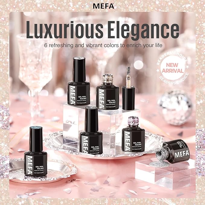 MEFA Glitter Gel Nail Polish Set 6 Colors, Chrome Platinum Sparkly Shiny Black Silver Champagne Turquoises Gel Polish Kit Soak Off Nail Art Design Salon at Home DIY Manicure Kit Gifts for Women