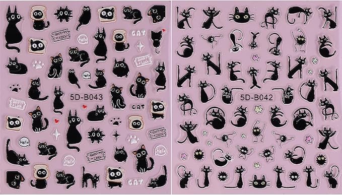 2Pcs Halloween Nail Stickers Blcak Cat Decals for Nail Art Scare Cat Nail Art Deign 5D Embossed Funny Cute Cats Nails Supplies Cat's Paw Nails Acrylic Accessories for Women DIY Manicure Decorations