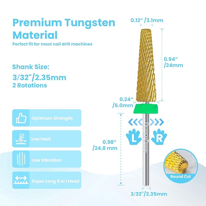 24mm Super Long 5 in 1 Nail Drill Bits, Professional 3/32'' Tungsten Carbide Bits, Fast Gel Removal for Long Acrylic Nails, Left Right Hand Use, Manicure Cuticle Hard Gel Polishing, Coarse