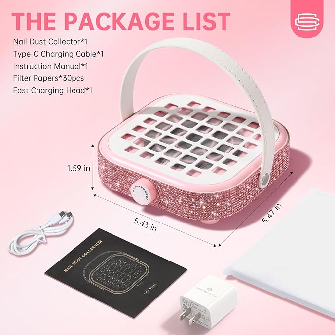 Nail Dust Collector, Bling Crystal Diamond Compact 6000RPM Powerful Vacuum Fan Vent Dust Collector Extractor Dust Suction Machine for Acrylic Nails Polishing, Fast Charging
