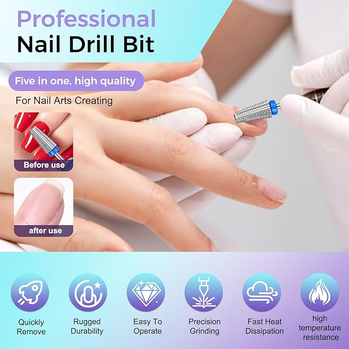 Fantexy 5 in 1 Nail Drill Bits,Professional 3/32" Shank Tungsten Steel Bits for Acrylic Nails,Manicure,Nail Art,Drill Machine,Both Left and Right Handed - Two Way Rotate Use (Medium - M)