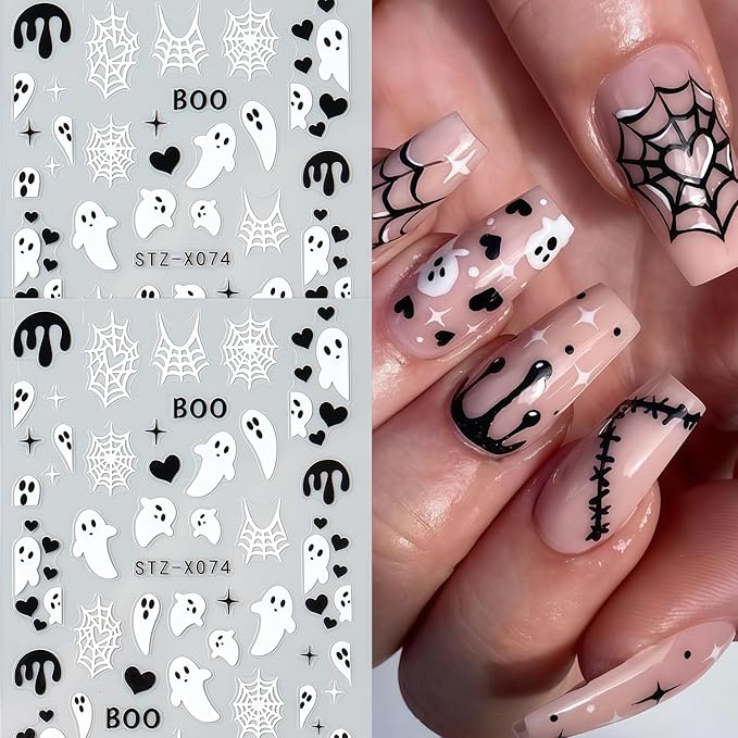 6 Sheets Halloween Nail Stickers, Spider Nail Art Stickers 3D Self-Adhesive White Black Spider Web Blood Heart Star Spiders Ghost Nail Decals Holiday Sticker for Halloween Party DIY Nails Decoration