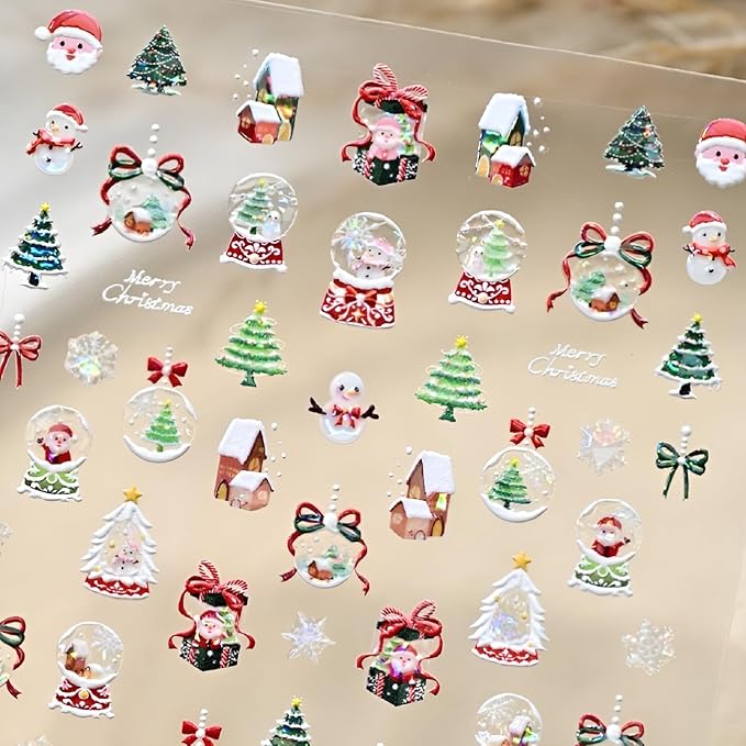 Christmas Nail Stickers 5D Self-Adhesive Winter Nail Art Sticker Snowman Snowflakes Nail Decals Christmas Crystal Ball Nail Design Xmas Tree Nail Art Decoration for Women and Girls