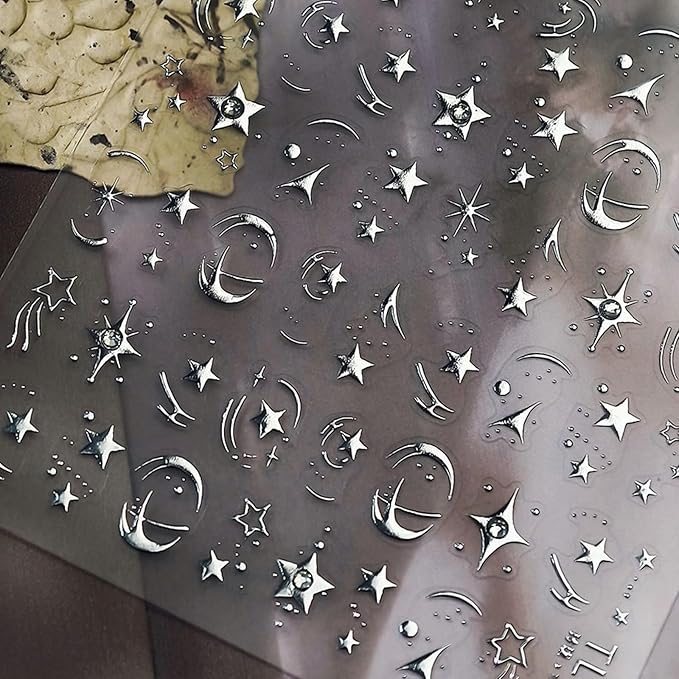 1Sheet Moon Star Nail Art Stickers 5D Embossed Silver Nail Stickers Luxury Star Moon Sticker for Nails Designs Diamond Star Nail Decals Y2K Nails Supplies Manicure Accessories for Women