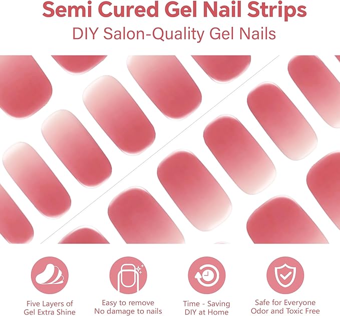 Semi Cured Gel Nail Strips-Short Press on Nails for Women Easy Apply at Home, Semi Cured Gel Nail Stickers for Mom & Busy Lifestyle Works with Any UV/LED Lamps(Red Gradient)