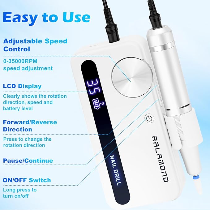 Professional Nail Drill, 35000RPM Electric Nail File, Rechargeable Cordless Machine, Nail Drill Kit with Bits, Portable Electric Nail Filer Manicure Pedicure (White)
