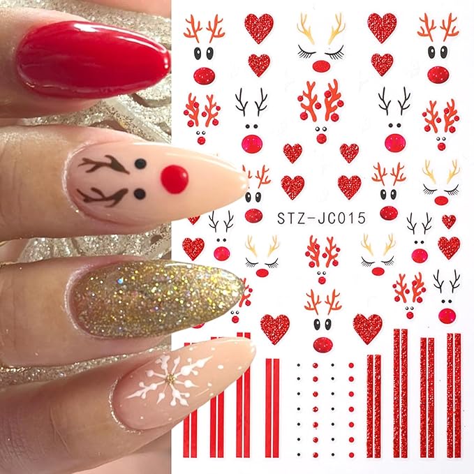 2Sheets Cute Christmas Nail Art Stickers 3D Xmas Elk Design Nail Decals Red Glitter Heart Lines Nail Stickers Self-Adhesive Cute Deer Nail Decal White Star Snowflake Nail Sticker for Women Nails Decor