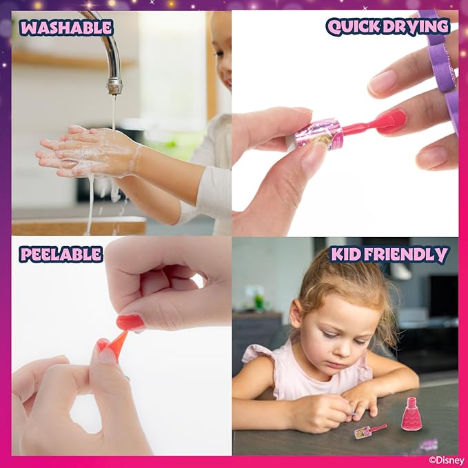 Disney Princess 15 Piece Water-Based Nail Polish with 3 Toe Spacers, Quick Dry, Peel Off, Gift Kit Set for Kids Girls, Ages 3 by Townley Girl