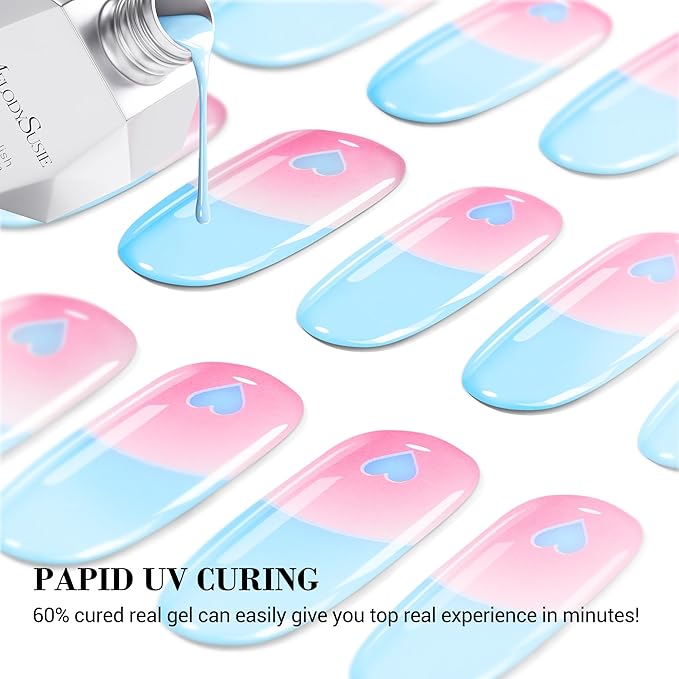 MelodySusie Semi Cured Gel Nail Strips, 20 PCS Gel Nail Stickers, Gel Nail Wraps, UV Light Required, Durable and Salon Quality (Blue and Heart)
