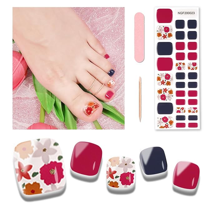 Semi Cured Gel Toenail Strips, 32 Rose & Sapphire Flower Gel Toenail Stickers - Works with Any UV Lamps Pedicure Strips Full Nail Wraps with Nail File & Wood Stick