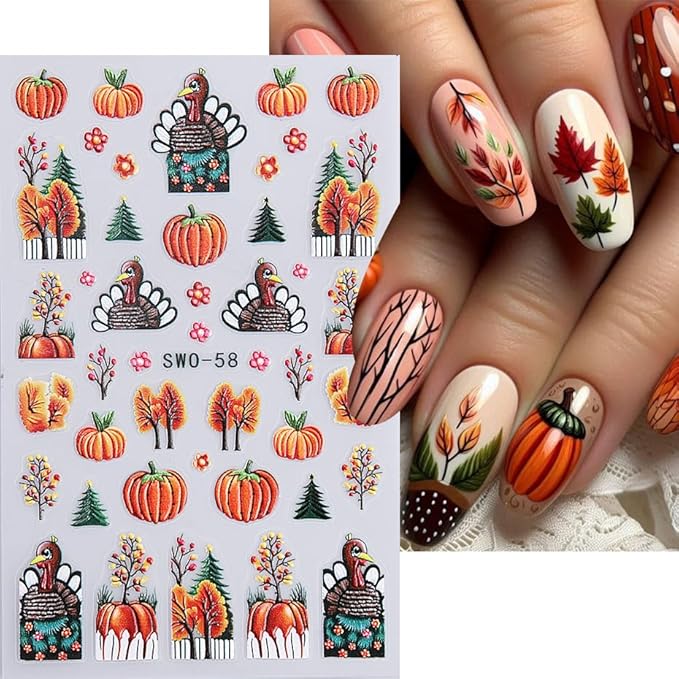 3D Fall Nail Stickers for Nail Art Thanksgiving Pumpkin Nail Art Stickers Maple Leaf Tree Nail Decals Autumn DIY Self Adhesive Nail Design Supplies Nail Decoration for Women Manicure Accessories 4Pcs