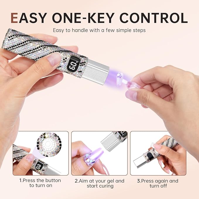 Handheld UV Light for Gel Nails,Mini LED Cordless Nail Lamp for Gel Nail Polish,Portable Flash Cure Lamp,Rechargeable USB Nail Dryer with LCD Display Fast Curing (Zebra Diamond)