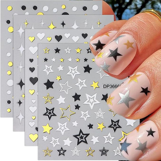 Nail Stickers for Nail Art - Gold, Silver, Black Star Heart Decals, 3D Self-Adhesive Five-Pointed Star Nail Art Supplies for Women DIY Acrylic Manicure Decoration - 6 Sheets