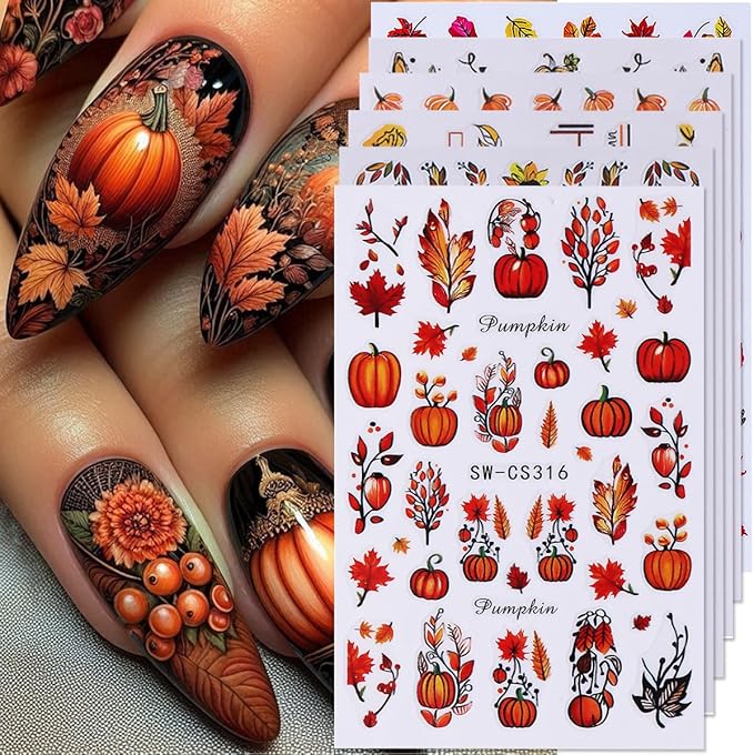 Fall Nail Stickers Autumn Pumpkin Maple Leaf Nail Art Stickers 6PCS 3D Self-Adhesive Fallen Leaf Pumpkins Flowers Fall Nails Design Manicure Decals Supply for Thanksgiving Day DIY Nail Decorations