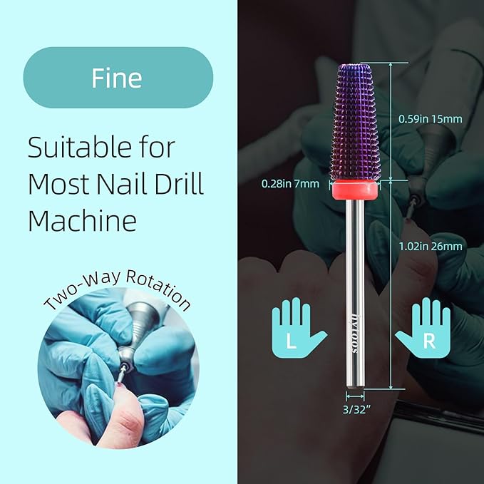 Purple 5 in 1 Nail Drill Bit, 15mm Tapered Drill Bits for Nails, 3/32" Professional Straight Cut Two-way Carbide Nail Bits, Electric Manicure Gel Polish Acrylic Powder Removal Tool, Fine