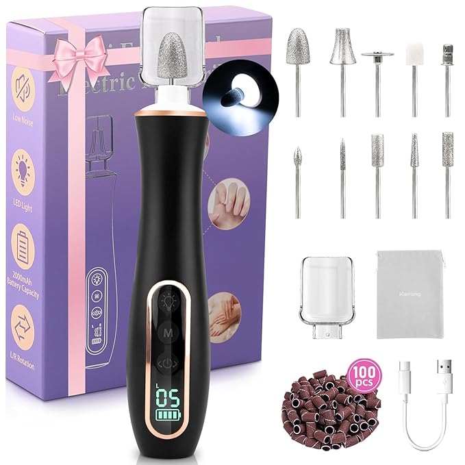 2 Pack Portable Electric Nail Drill Polisher – 10-in-1 Versatile Tool with 100PC Sanding Rings for DIY Care, Black+White
