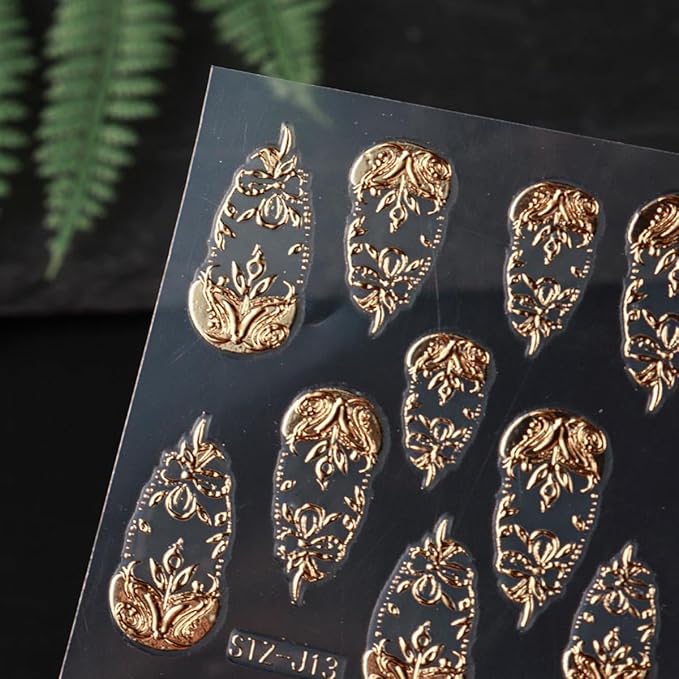 Gold Nail Art Stickers 3D Self-Adhesive Golden Foil Leaf Nail Decals Nail Art Supplies 3PCS Metallic Totem Leaves Summer Nails Design Embossed Sticker Manicure Sliders for Women DIY Nail Decorations