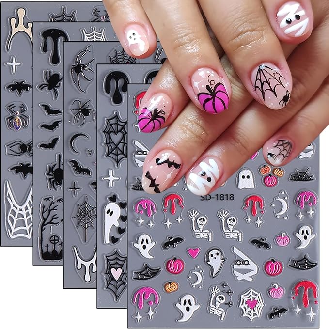5Pcs Halloween Nail Art Stickers Decals 5D Cute Pumpkin Ghost Nail Stickers Bloody Spider Web Bat Skeleton Goth French Nails Design Decals Spider Nail Supplies for Women Halloween Salon Manicure