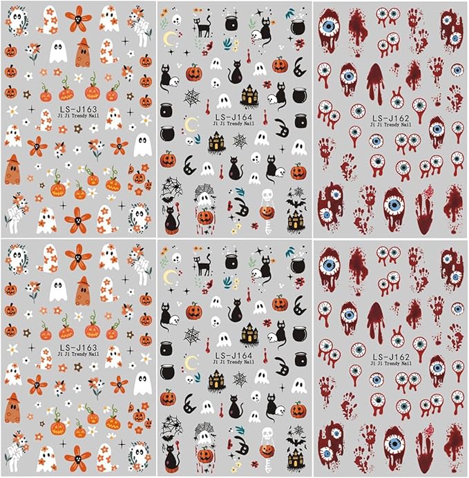Halloween Nail Art Stickers Flower Ghost Pumpkin Nail Decals 6PCS Black Cat Blood Eye Ball Palm Cartoon Design 3D Self-Adhesive Halloween Stickers Manicure Supply for Women DIY Nail Art Decorations