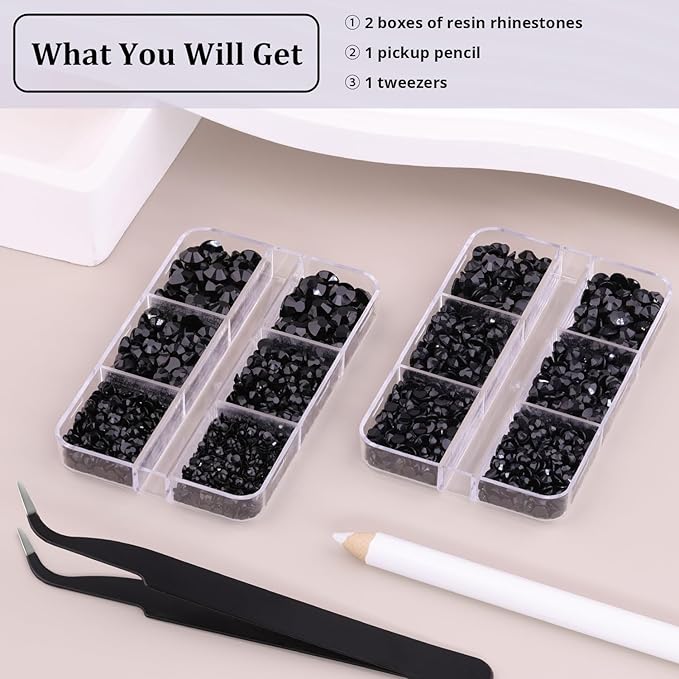 Resin Rhinestones for Crafting, 2 Boxeses Black Multi Sizes Flatback Bedazzling Crystals for Crafts Nail Art Decoration, Non Hotfix Gems Charms for Tumbler Shoes Clothing Fabric Face Makeup