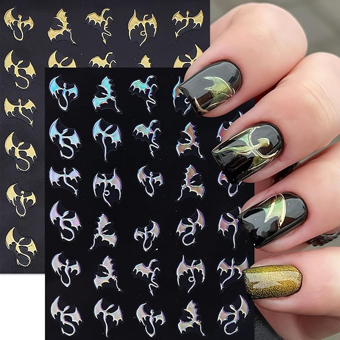 6Pcs Halloween Nail Art Stickers 3D Holographic Flying Dragon Nail Decals Self Adhesive Horror Bat Nail Stickers Gothic Bat Nail Supplies Halloween Holiday Decoration Nails Supply for Women DIY