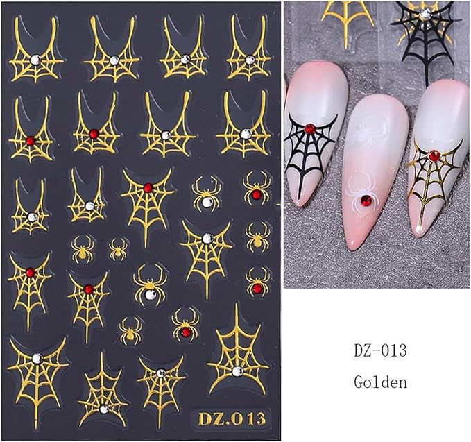 Halloween Nail Art Stickers Decals 4PCS Golden Spider Web Spider Nail Decals with Rhinestone White Red Crystal Spider Web Spider Nail Stickers Bow Heart Halloween Nail Art Supplies for Women Manicure