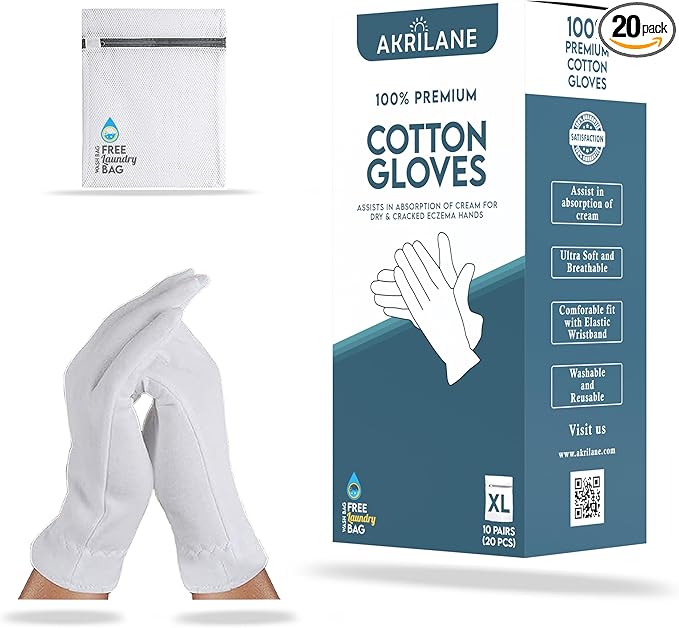 AKRILANE Extra Large 10 Pairs Cotton Moisturizing Gloves for Dry Hands | Eczema, Psoriasis & Skin Spa Treatment for Women & Men | Washable & Reusable with Free Laundry Bag