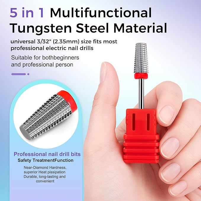 Fantexy 5 in 1 Nail Drill Bits,Professional 3/32" Shank Tungsten Steel Bits for Acrylic Nails,Manicure,Nail Art,Drill Machine,Both Left and Right Handed - Two Way Rotate Use (Fine - F)