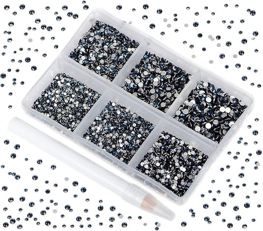 Bymitel 7200 Pieces 6 Mixed Sizes Glue Fix on Glass Rhinestones Round Crystal Gems Flatback for DIY Jewelry Making with one Picking Pen(6-Sizes 7200PCS, Montana)
