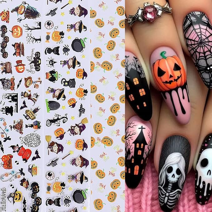 ONPRESS 10 Rolls Halloween Transfer Stickers Pumpkin Spider Vampires Devil Designs Nail Foil Set Fall Black Cat Tombstone Bat Nail Decals for DIY Nail Decoration DIY Adhesive Transfer Wraps Paper