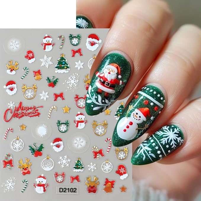 6Pcs Christmas Nail Stickers 5D Christmas Tree Snowball Nail Stickers for Nail Art Santa Claus DIY Self Adhesive Cute Bow Gingerbread Man Nail Decals Snowflake Nail Decoration Supplies for Women