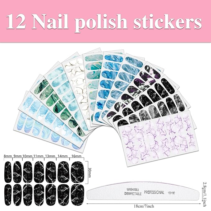 WOKOTO 12 Sheets 168 Pcs Marble Nail Stickers Full Nail Wraps Gradient Nail Wraps For Women Nail Polish Strips Stick On Nail Polish Stickers For Nails Gel Nail Stickers For Nails Strips Gel Nail Wraps