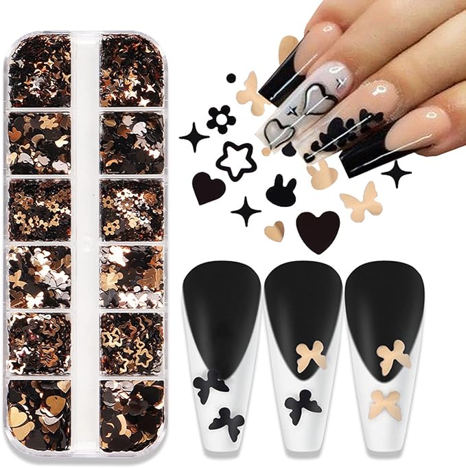 Nail Art Glitter Flakes, Mixed 2 Colors Black Gold Glitter Nail Sequins Designs, Heart Butterfly Stars Rabbit Nail Supplies for Women Manicure Charms Decorations, DIY Sparkly False Nails Crafts