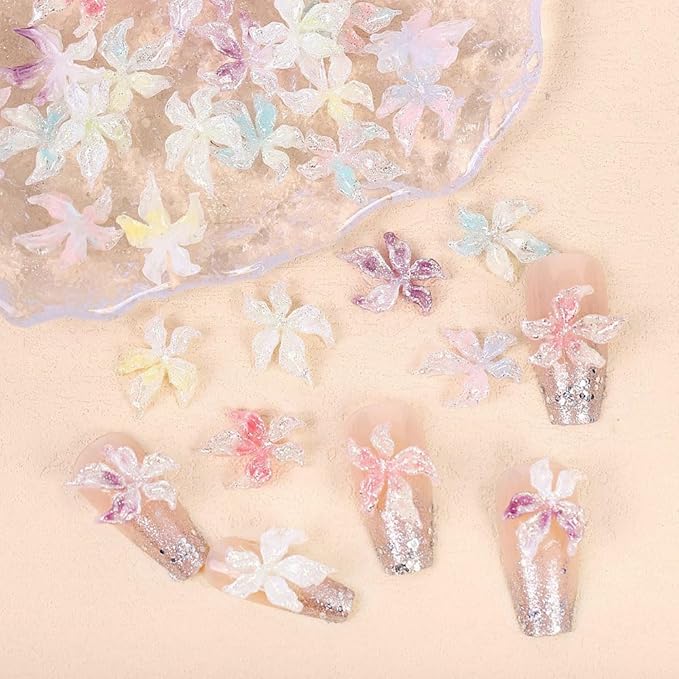 3D Crystal Flower Nail Charms, 100 Pieces Mixed Color Spring Floral Rhinestones, Hawaii Style Nail Art Decorations with Golden Beads