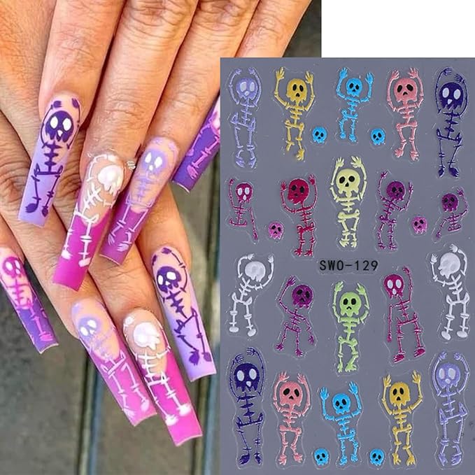 Halloween Nail Art Stickers Decals 5D Embossed Skeleton Nail Stickers 3PCS Rainbow Color Skull Skeleton Halloween Nails Design Adhesive Sticker Manicure Sliders for Women Holiday Nail Art Decorations