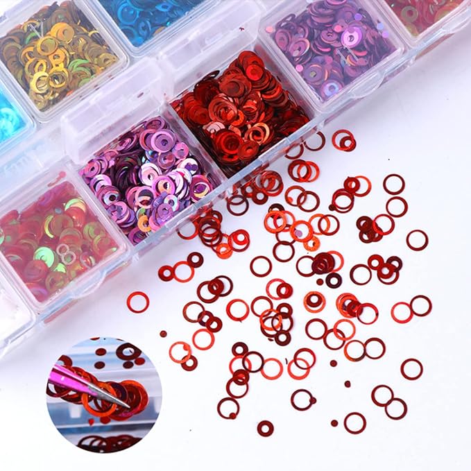 Circle Glitter Nail Art Sequins, 3D Hollow Circle Shape Glitters Flakes, Holographic Fluorescent Laser Shiny Round Nail Supplies for Women Girls Manicure Charms Decorations DIY Resin Nail Art Tips