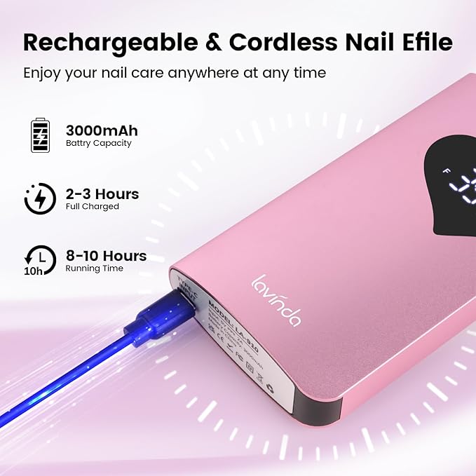 Lavinda Electric Nail Drill Machine, 35000RPM Professional Nail File Cordless Rechargeable Nail Efile for Acrylic Gel Nails (Pink 910)