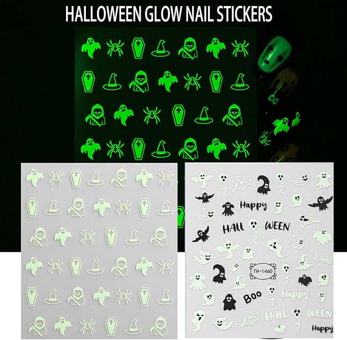 Halloween Nail Stickers - Halloween Nail Decals,3D Self-Adhesive Night Light Elements Nail Art Decals Holiday Nail Stickers for Women Grils (6 Sheets)