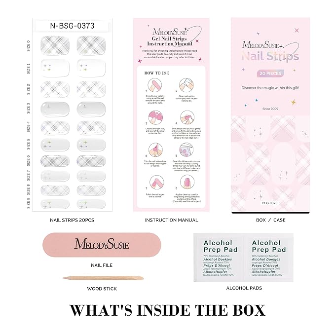 MelodySusie Semi Cured Gel Strips (White Argyle), 20 PCS Nail Stickers, Argyle Gel Nail Wraps, UV Light Required, Durable and Salon Quality