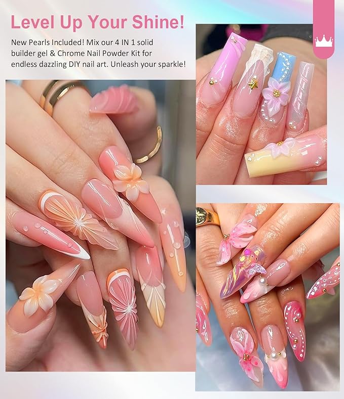 Solid Builder Gel and Chrome Nail Powder Kit BISHENGYF: 4 In 1 No Wipe 3d Sculpting Nail Gel Gold Aurora White Pearl Chrome Nail Powder Clear Non-Sticky Hand Extension Glue for Nail Decoration 30g