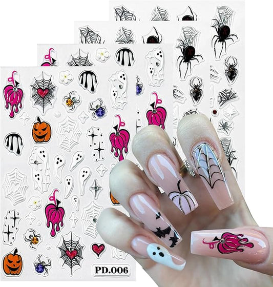 Halloween Embossed Nail Art Stickers -5D Cute Ghost Nail Decals for Nail Art Skull Spider Web Pumpkin with Rhinestones Design Self-Adhesive Nail Art Supplies Halloween Nail Decoration 4 Sheets