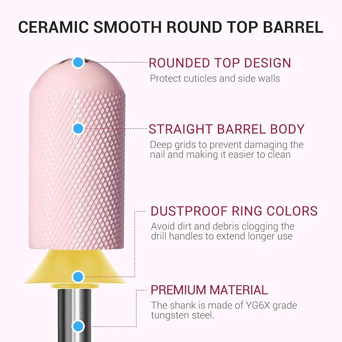 MelodySusie Ceramic Nail Drill Bit, 3/32'' Smooth Round Top Large Barrel Bits, Suitable for Manicure Pedicure Cuticle Gel Polishing, Beginners Bits, Pink, Series Bit-S, Extra Fine