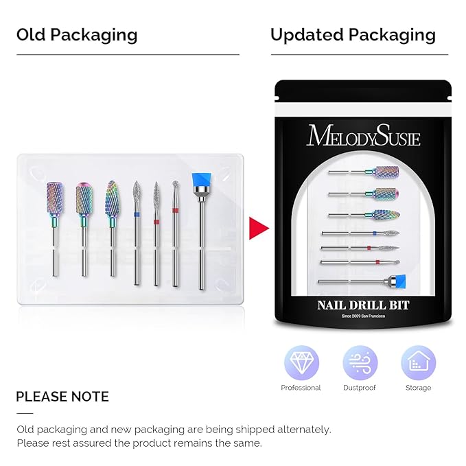 MelodySusie Nail Drill Bits Set, 7pcs Tungsten Carbide Diamond Nail Drill Bits for Acrylic Nails Poly Gel Cuticle Remove, 3/32'' Professional Nail Bits for Nail Drill Efile, Manicure Pedicure Tools