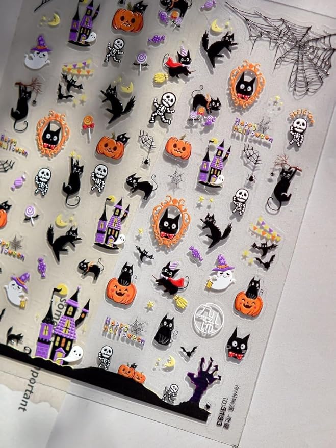 Halloween Nail Stickers 5D Embossed - Self-Adhesive Nail Art with Cute Ghosts, Pumpkins, Cats, Haunted Houses. Easy to Apply, Long Lasting, Perfect for DIY Manicure, Trick or Treat, Home or Salon