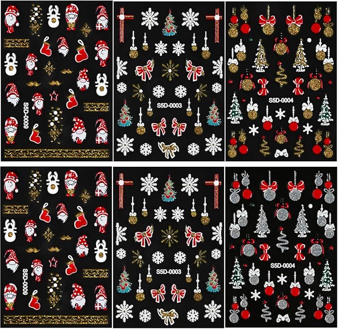 6Pcs Christmas Nail Stickers 5D Golden Silver Nail Decals DIY Self Adhesive Snowflake Tree Red Bow Design Nail Decoration Winter Nail Art Stickers Supplies Holiday Manicure Accessories for Women