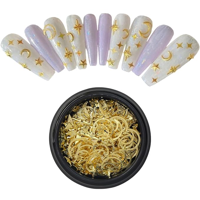 Hollow Moon Star Nail Art Ornaments Glitter Rhinestone Gold Mixed Metal Star Decorations for Women Girls DIY Nail Art Accessories 2 Boxes