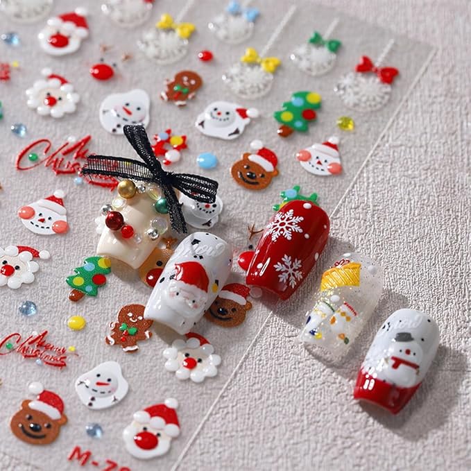 5D Christmas Nail Art Stickers Embossed Self Adhesive Nail Decals Cute Snowman Elk Santa Claus Snowflake Bell Nail Design Winter Xmas Nail Supplies for Women New Year Nail Decoration Accessories