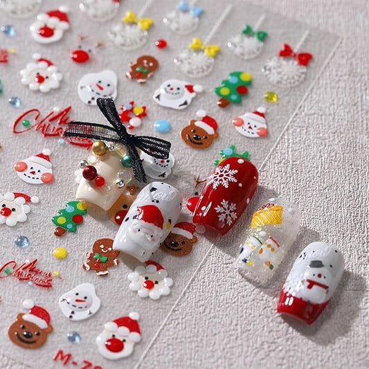 5D Christmas Nail Art Stickers Embossed Self Adhesive Nail Decals Cute Snowman Elk Santa Claus Snowflake Bell Nail Design Winter Xmas Nail Supplies for Women New Year Nail Decoration Accessories