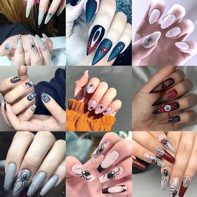 2Sheets Black Spider Nail Art Stickers 5D Embossed Spider Nail Decals with Gems Charms Designs Nail Stickers Self-Adhesive Centipede Spider Web Nail Decal for Women DIY Halloween Nails Decor Accessory